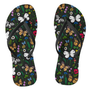 Tongs Fleurs sauvages et papillons sur le noir