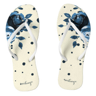 Tongs Floral d'aquarelle bleu chic avec points et ajoute