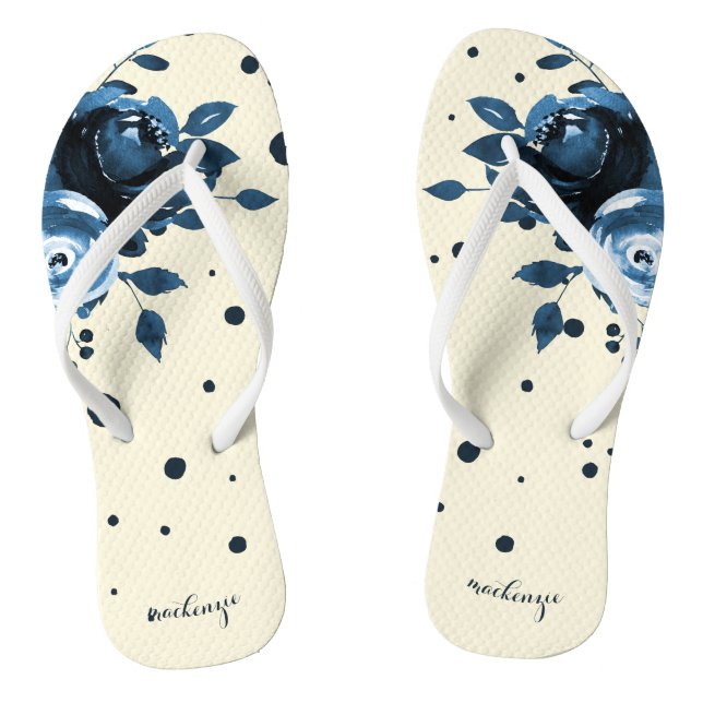 Tongs Floral d'aquarelle bleu chic avec points et ajoute (Semelle)