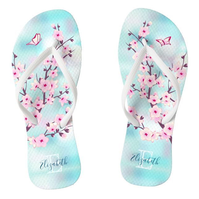 Tongs Floral Fleurs de cerise rose Turquoise Monogramme (Semelle)