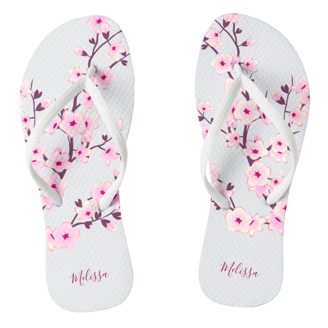 Tongs Floral Fleurs de cerisiers rose blanc Monogramme (Semelle)