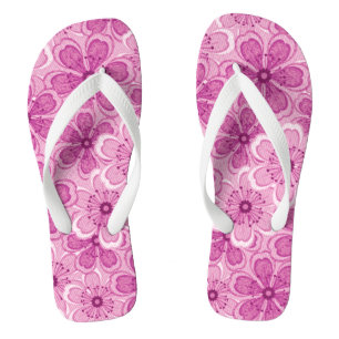 Tongs Floral Line Art Blanc N Raspberry Rose