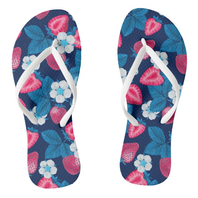 Tongs Fraises roses sur bleu (Semelle)