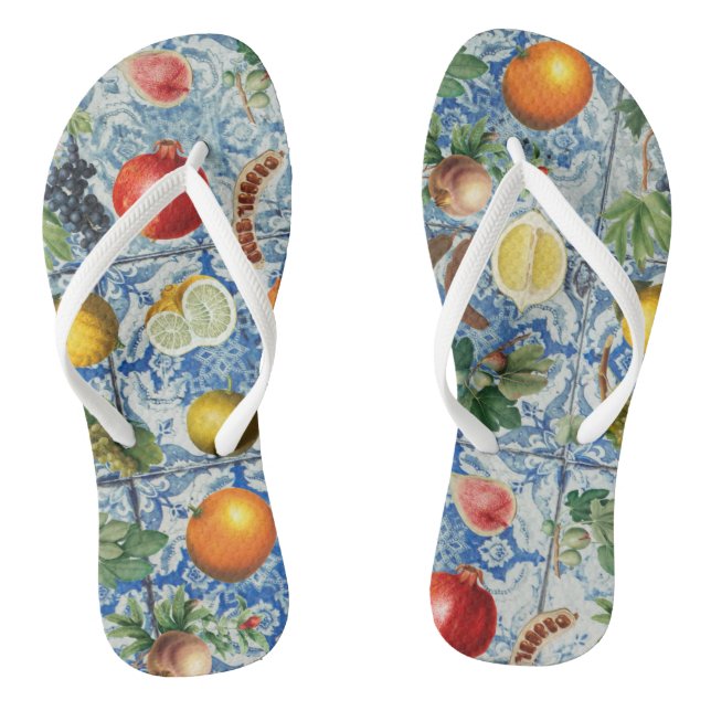 Tongs Fruit d'été méditerranéen & Mosaïque Bleue Blanc (Semelle)