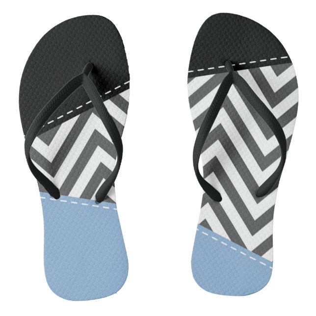 Tongs Gris Zigzag, Gris Chevron, Motif Zigzag, Bleu (Semelle)