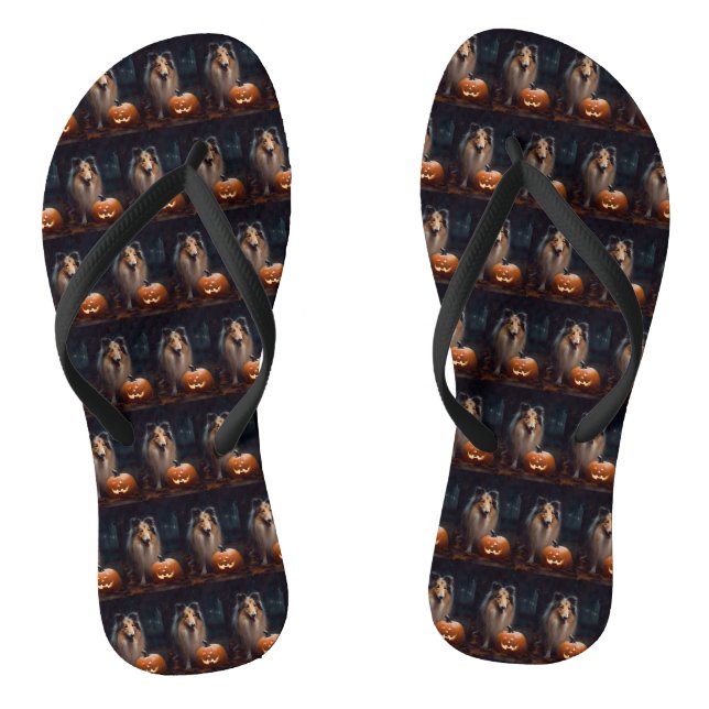 Tongs Halloween Rough Collie Avec Citrouille effroi (Semelle)