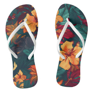Tongs Hibiscus coloré, Jaune Orange Vert Floral