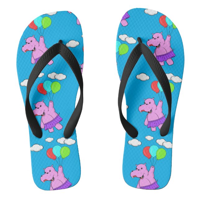 Tongs Hippo Rose Volant Avec Ballons Dans Ciel Bleu (Semelle)