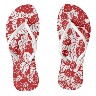 Tongs Impression de feuille japonaise, rouge foncé et bl