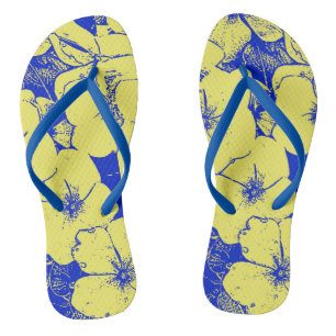 Tongs Impression de fleurs jaunes bleues tropicales