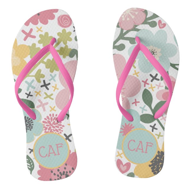 Tongs Initiales monogrammes rose jaune bleu vert floral (Semelle)