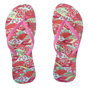 Tongs Japonais Washi Art Rouge Floral Origami Yuzen rose