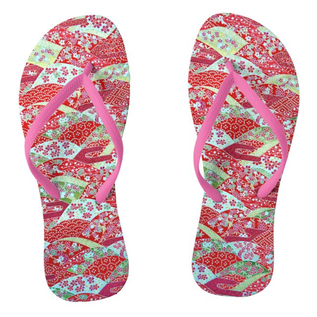 Tongs Japonais Washi Art Rouge Floral Origami Yuzen rose (Semelle)