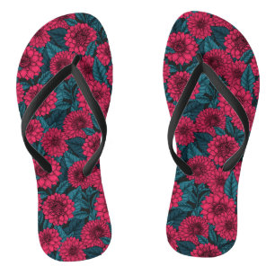 Tongs Jardin de Dahlia Rouge/feuilles bleus