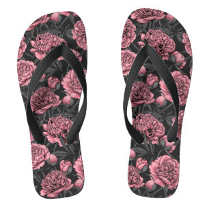 Tongs Jardin de pivoine nocturne rose et gris