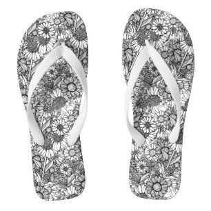 Tongs Jardin Fleur sauvage australien noir et blanc