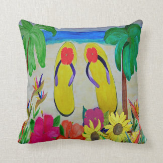 Tongs jaunes et fleurs coussin jeté