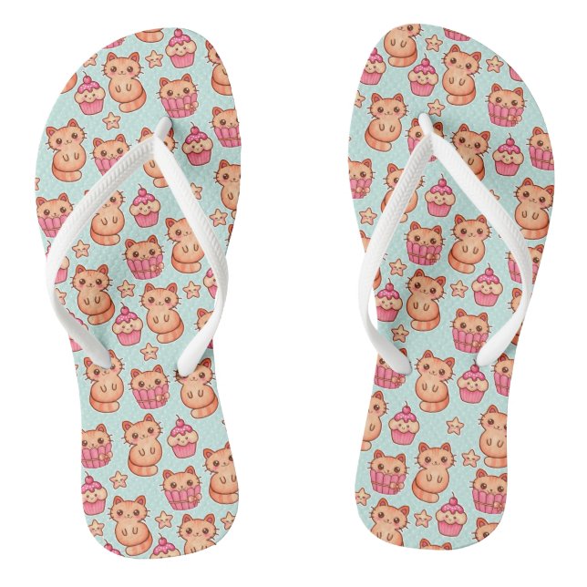 Tongs Kawaii Cute Cats Cupcakes Motif rose et bleu (Semelle)