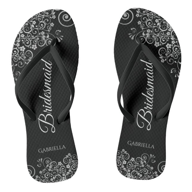 Tongs Lacy Silver sur Black Elegant Bridesmaid Mariage (Semelle)