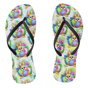 Tongs Lapin drôle mordant un œuf de Pâques