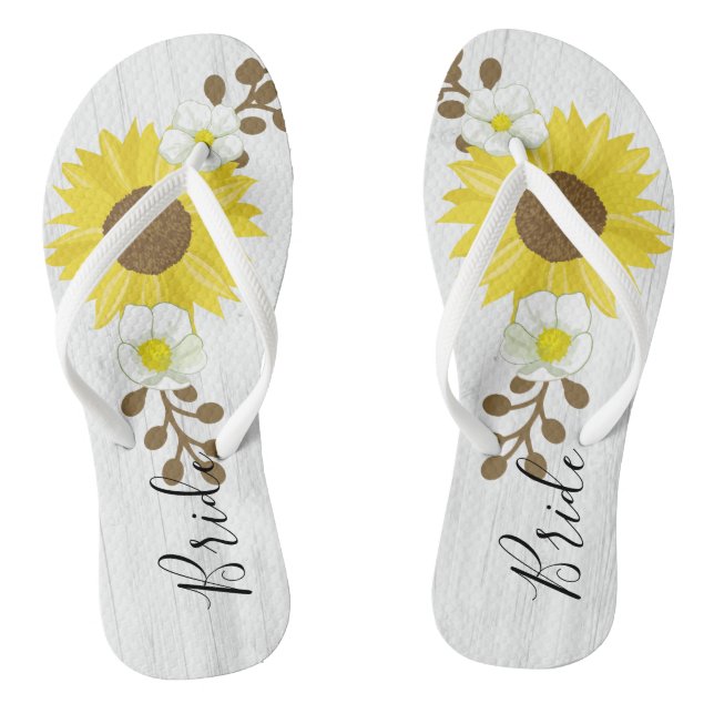 Tongs Le tournesol en bois rustique de jeune mariée (Semelle)