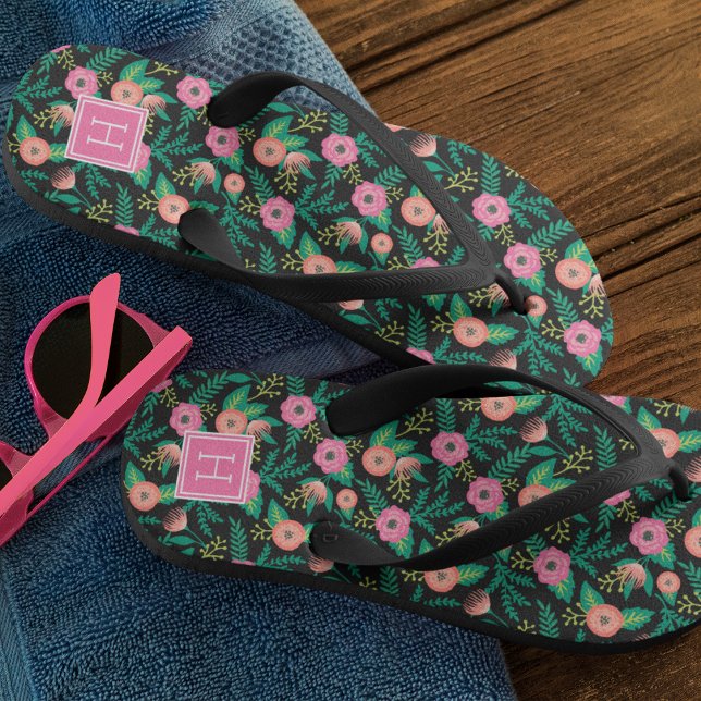 Tongs L'été fleurit rose Floral Monogramme (Créateur téléchargé)
