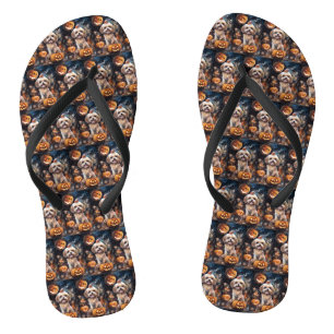 Tongs Lhasa Apso Halloween avec citrouilles effrayant 