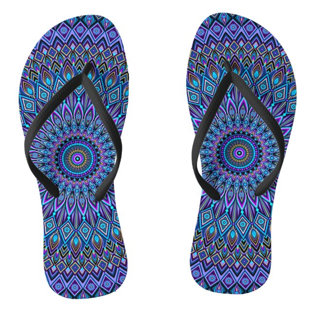 Tongs Mandala Boho bleu Turquoise violet Peacock Gold Ma (Semelle)