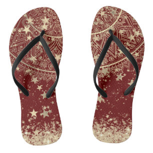 Tongs Mandala enchanteur avec étoiles d'or sur rouge