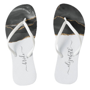 Tongs Mariée Personnalisée Agate Noire Or Mariage