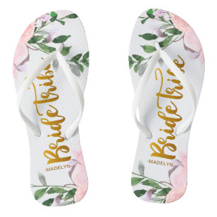 Tongs Mariée Tribe Faux Gold avec Floral et Nom