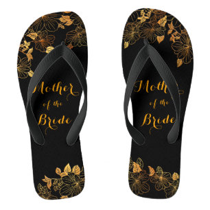 Tongs Mère de la mariée Black & Gold Foliage Motif