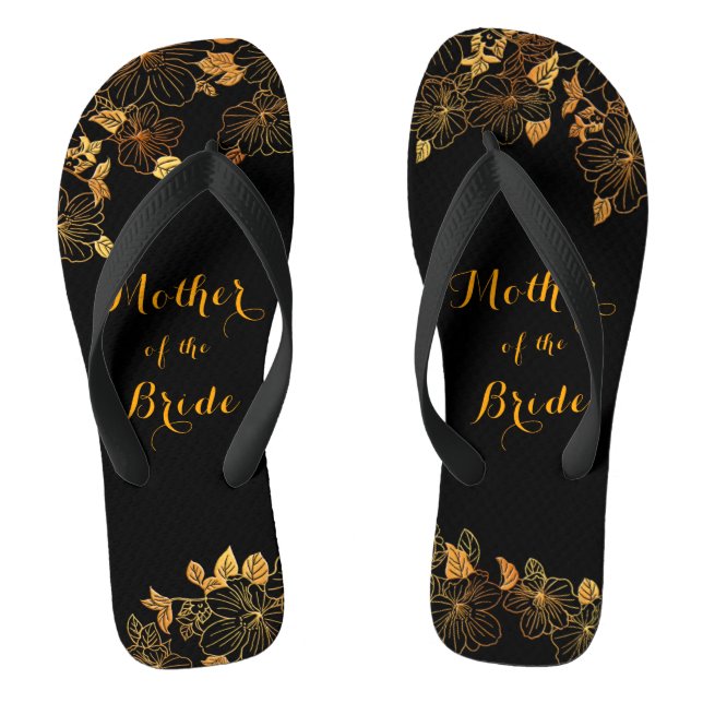 Tongs Mère de la mariée Black & Gold Foliage Motif (Semelle)