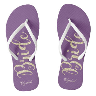 Tongs Mignonne mariée pailletée or sur fond violet - Per
