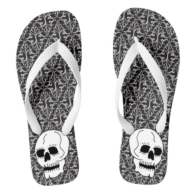 Tongs Modèle gothique noir blanc Damas crâne blanc (Semelle)