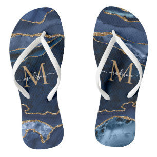 Tongs Moderne Marine Blue Gold Agate Géode Girly Monogra