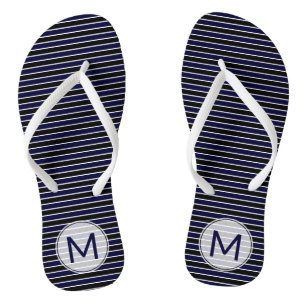 Tongs Moderne Monogramme Rayures Bleu Foncé Noir