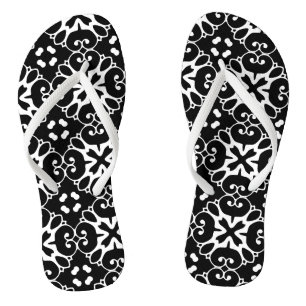 Tongs Moderne noir et blanc damas Graphisme floral