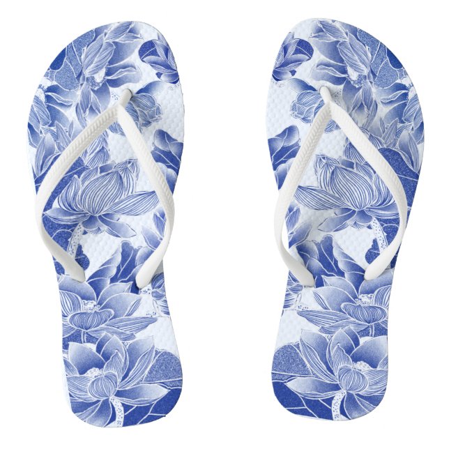 Tongs Moderne Retro Blue Willow Chinoiserie Lotus Floral (Semelle)
