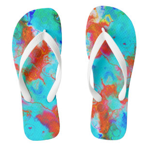Tongs Moderne Turquoise Bleu Orange Aquarelle Femmes