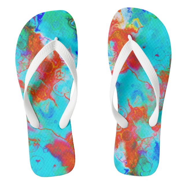 Tongs Moderne Turquoise Bleu Orange Aquarelle Femmes (Semelle)