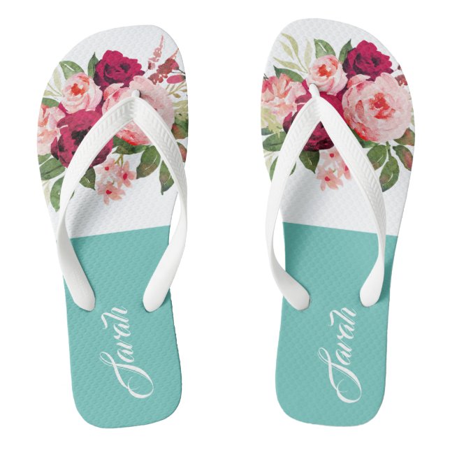 Tongs Monogramme belle aquarelle florale Bleu Bourgogne (Semelle)