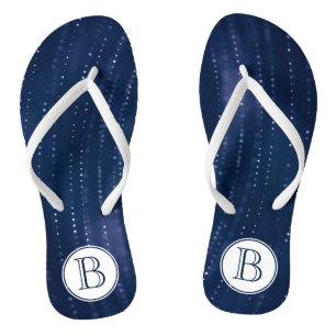 Tongs Monogramme bleu foncé Abstrait avec points blancs