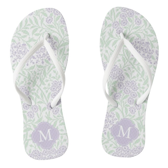 Tongs Monogramme de Damas florales vertes et de lavande (Semelle)