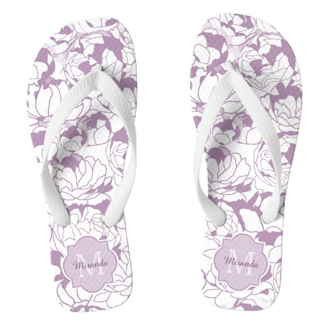 Tongs Monogramme Floral Moderne Avec Nom (Semelle)