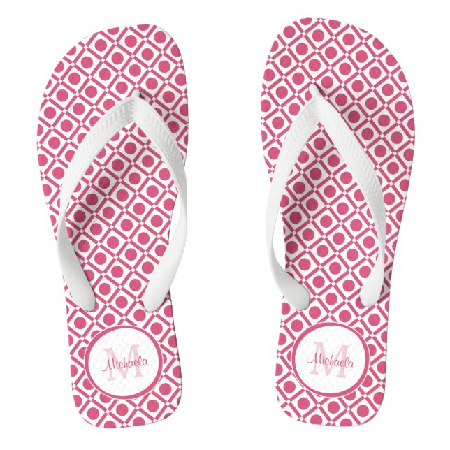 Tongs Monogramme géométrique moderne rose et blanc avec  (Semelle)