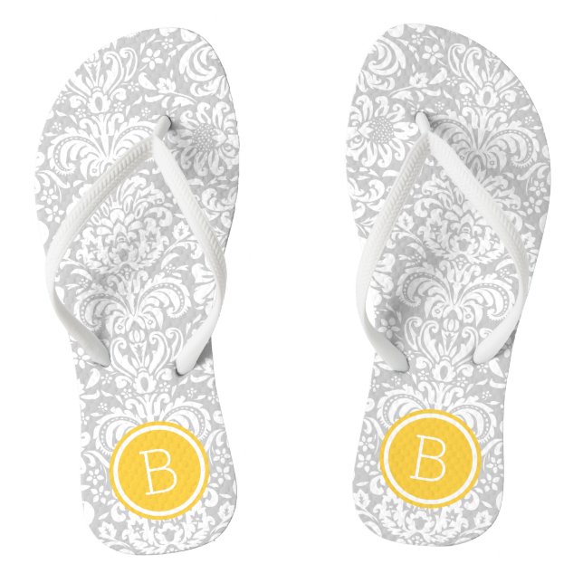 Tongs Monogramme gris et jaune de Damas florales (Semelle)