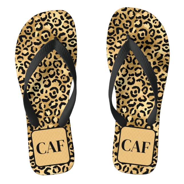Tongs Monogramme Initial Noir Or Imprimé Léopard Guépard (Semelle)