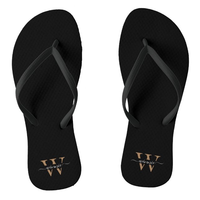 Tongs Monogramme minimal Élégant Noir Nom du script (Semelle)