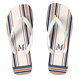 Tongs Monogramme moderne bleu et or à rayures blanches
